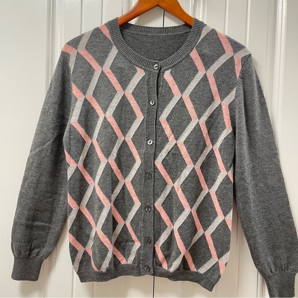 Vintage Wool Cashmere Argyle Button-Up Cardigan Pink Grey - Picture 2 of 13
